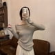 thumbnail image 5 of Suéteres asimétricos para mujer, cuello cuadrado, lisos, otoño, prendas de punto, estilo coreano, temperamento holgado, ropa de calle sencilla y elegante para uso diario., 5 of 5