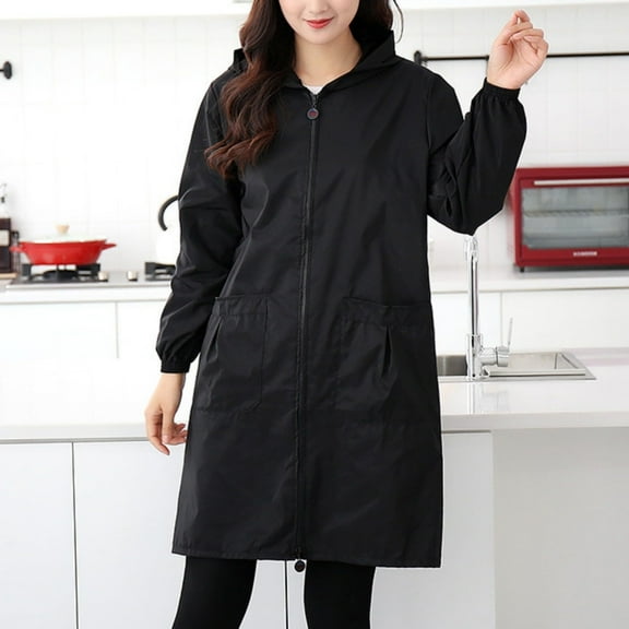 QUNYINEY Full Zip Womens Rain Coat Mid-Length Black Hooded Oversized Overcoat Outdoor Loose Fit Waterproof Long Sleeve Jacket for Women