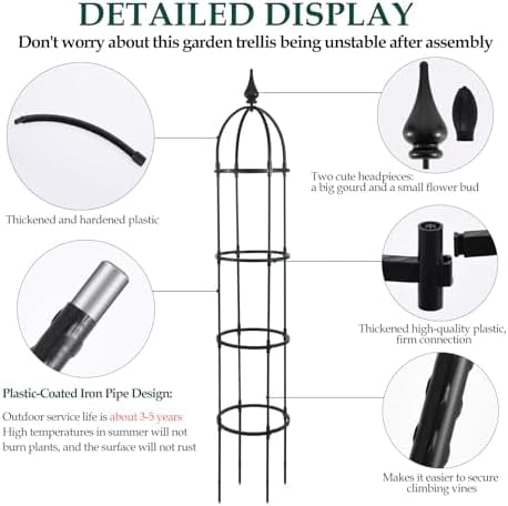 RibRave Garden Obelisk Trellis for Climbing Plants Outdoor, 6.6ft Tall Rustproof Coated Metal Plant Support with Garden Twist Tie for Tomato Cucumber Ivy Vines Rose Potted Plant Trellis 1 Pack