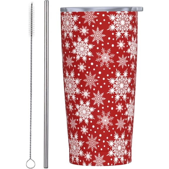 Christmas Snowflakes 20oz Travel Tumbler With Lid And Straw, Winter Snowflake Red Stainless Steel Tumblers Insulated Coffee Cup Mug Gift For Men Women