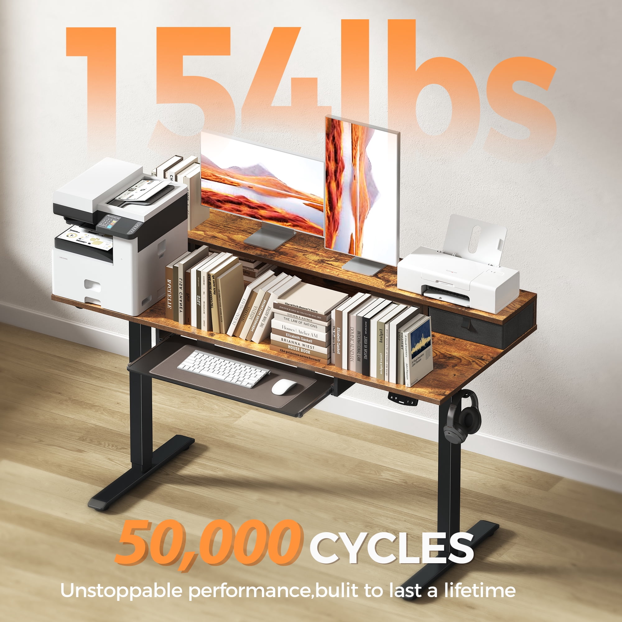 47.2 Inch Electric Standing Desk with 2 Drawers & Keyboard Tray, Adjustable Home Office Desk Ergonomic Sit to Stand Computer Desk with Hooks for Gaming & Work,Light Rustic Brown