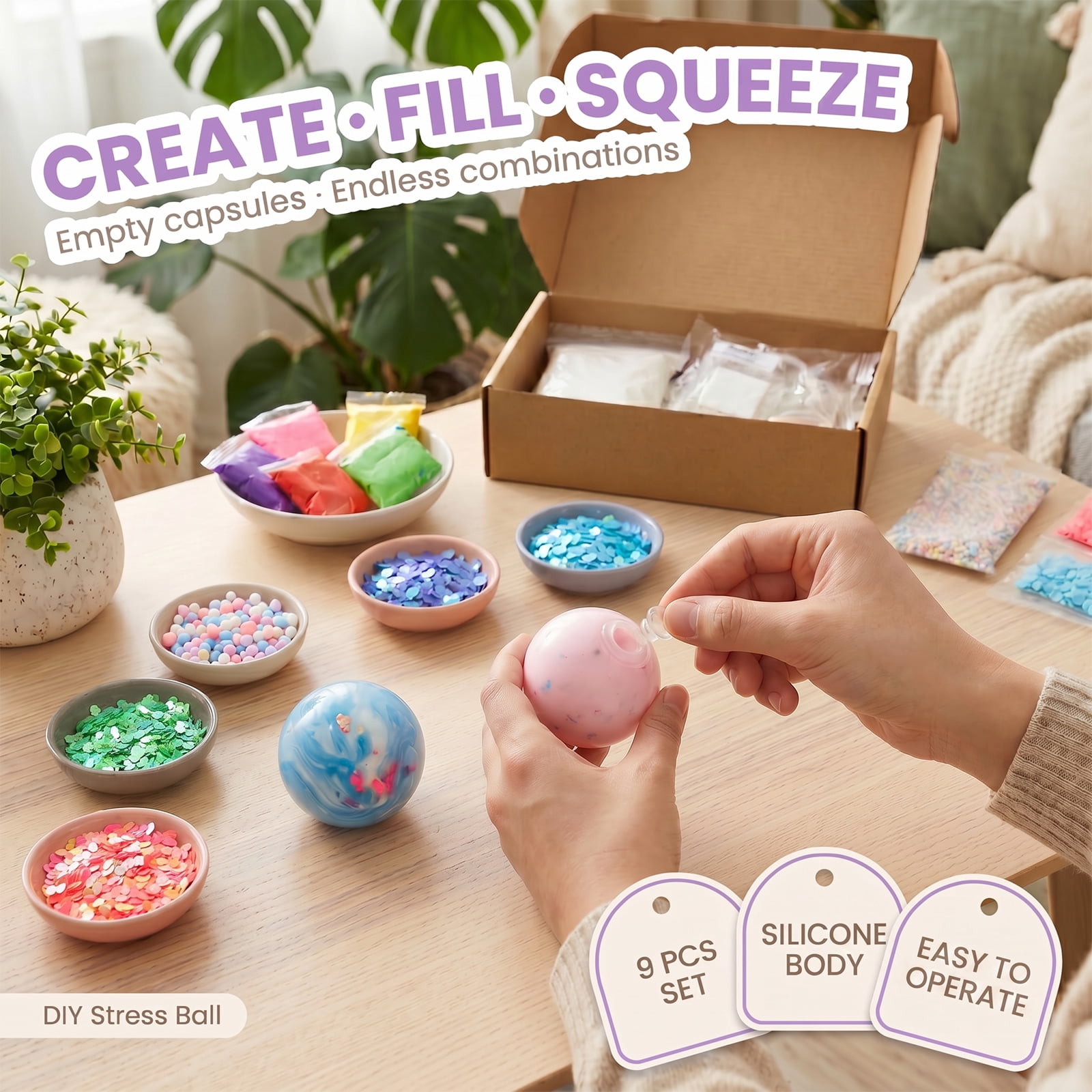 DIY Stress Ball Making Kit-Easy DIY- 9 TPR Skins, 15 Fillers, Create ASMR Anxiety Relief Toys, Handmade Squishy Stress Balls, Self-Care Gifts for Women, Crunchy Relaxing