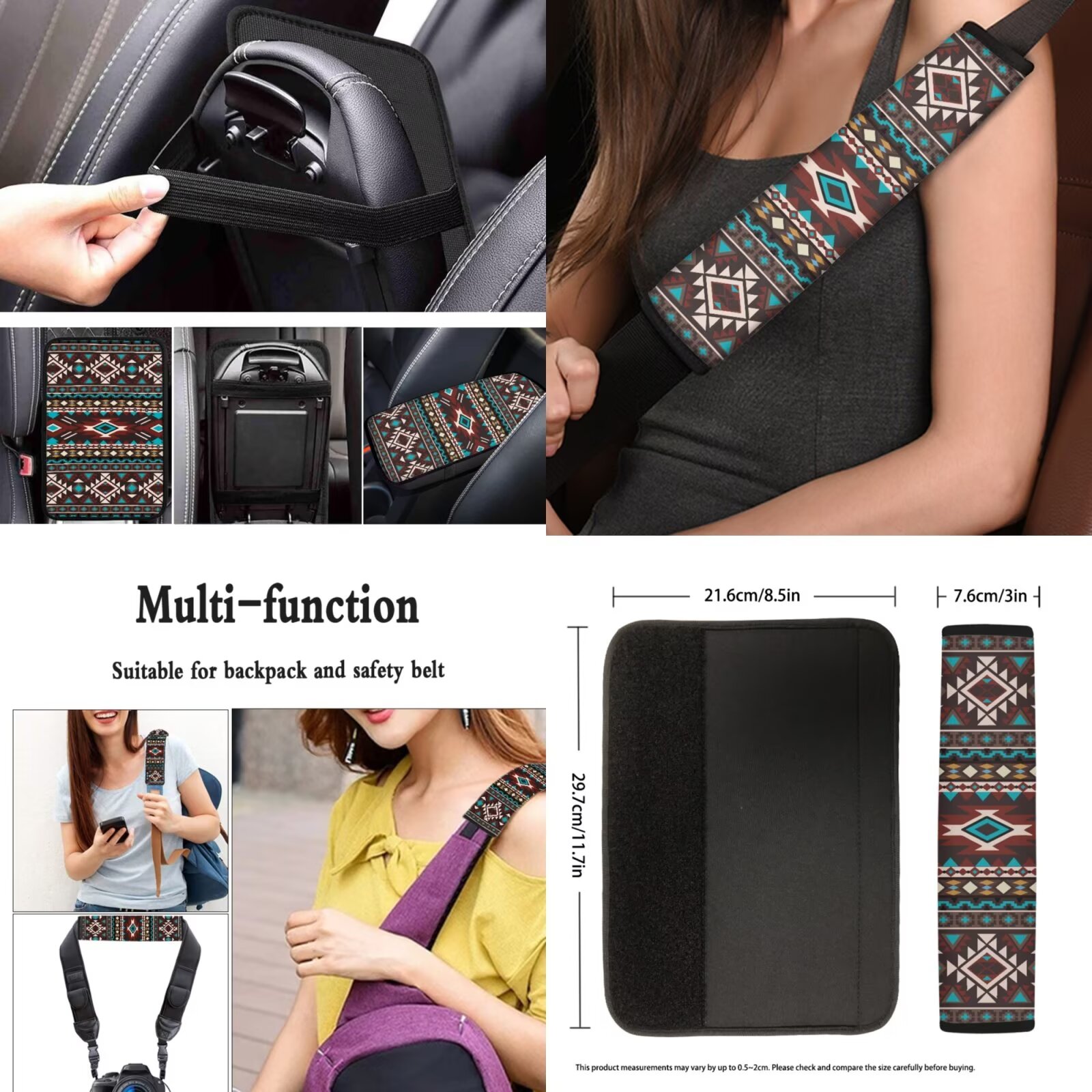 Garronmavis Aztec 13-Piece Car Accessory Set Includes Front and Rear Seat Covers Armrest Cover Pad Steering Wheel Cover Key Fob Coaster Lipstick Cover
