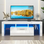 UHOMEPRO TV Stand for TV up to 55, High Gloss Entertainment Center with RGB LED Lights and Storage Shelves, White Media Console for Living Room