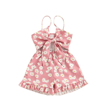 

Toddler Baby Girls Daisy Print Short Romper Kids Sleeveless V-neck Ruffle Hem Sling Jumpsuit