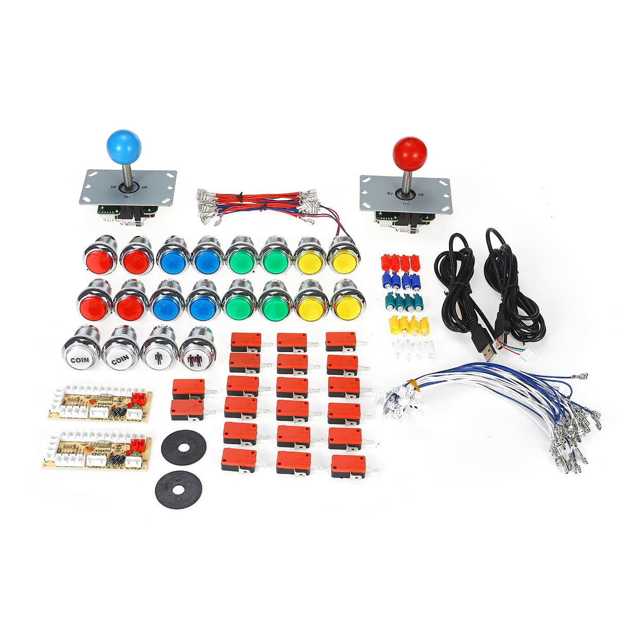 Hikig 2 Player led Arcade Buttons and joysticks DIY kit 2X joysticks 20x led Arcade Buttons Game Controller kit for MAME and Raspberry Pi Red Blue Color 