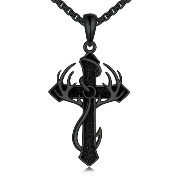 Fish Hook Cross Necklace for Men 925 Sterling Silver Black Cross Pendant Necklaces Antlers Hunting Jewelry Gifts for Women Men