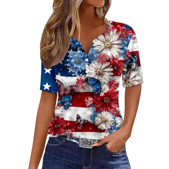 USA 250th Anniversary Split Neck Short Sleeve T Shirts for Women Plus Size Stars and Stripes Print Oversized Tunic Summer Casual Soft Light Gray L