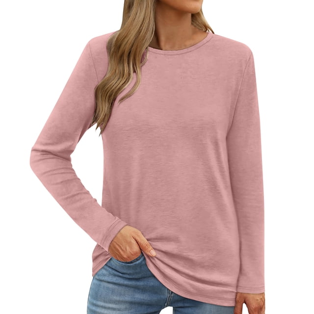 YUGYXL Womens Long Sleeve Shirts Casual Crew Neck Tops Basic Tees Spring Fall Clothes Classic Basic Fit Pullover Pink XXL