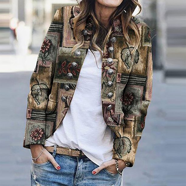 Chaqueta con botones florales retro con cuello vuelto informal para mujer, abrigo informal, prendas de vestir Fridja po1776