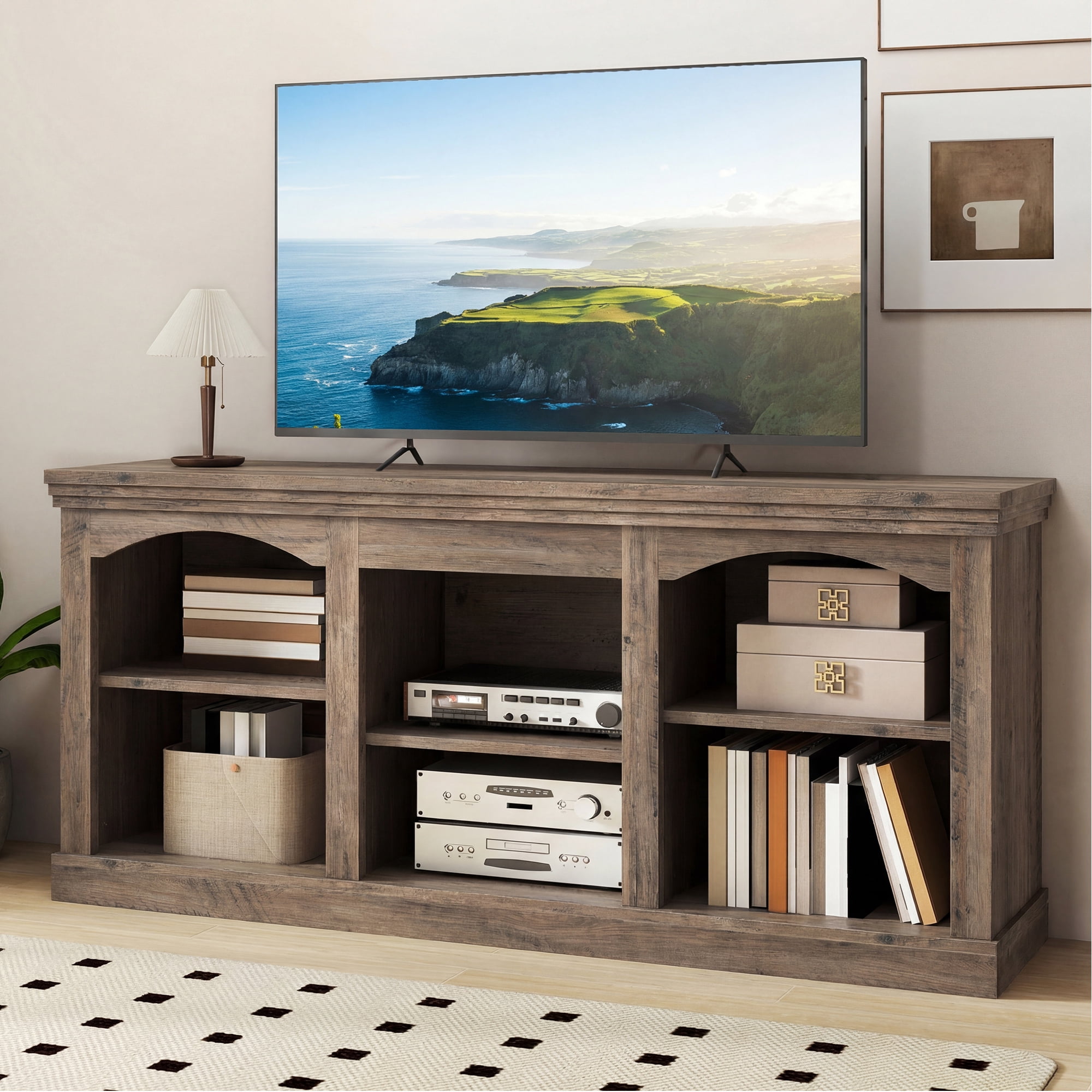 Uforic 59" Washed Grey Farmhouse TV Stand, Adjustable Shelf Entertainment Center for 65 Inch TVs for Living Room, Washed Grey