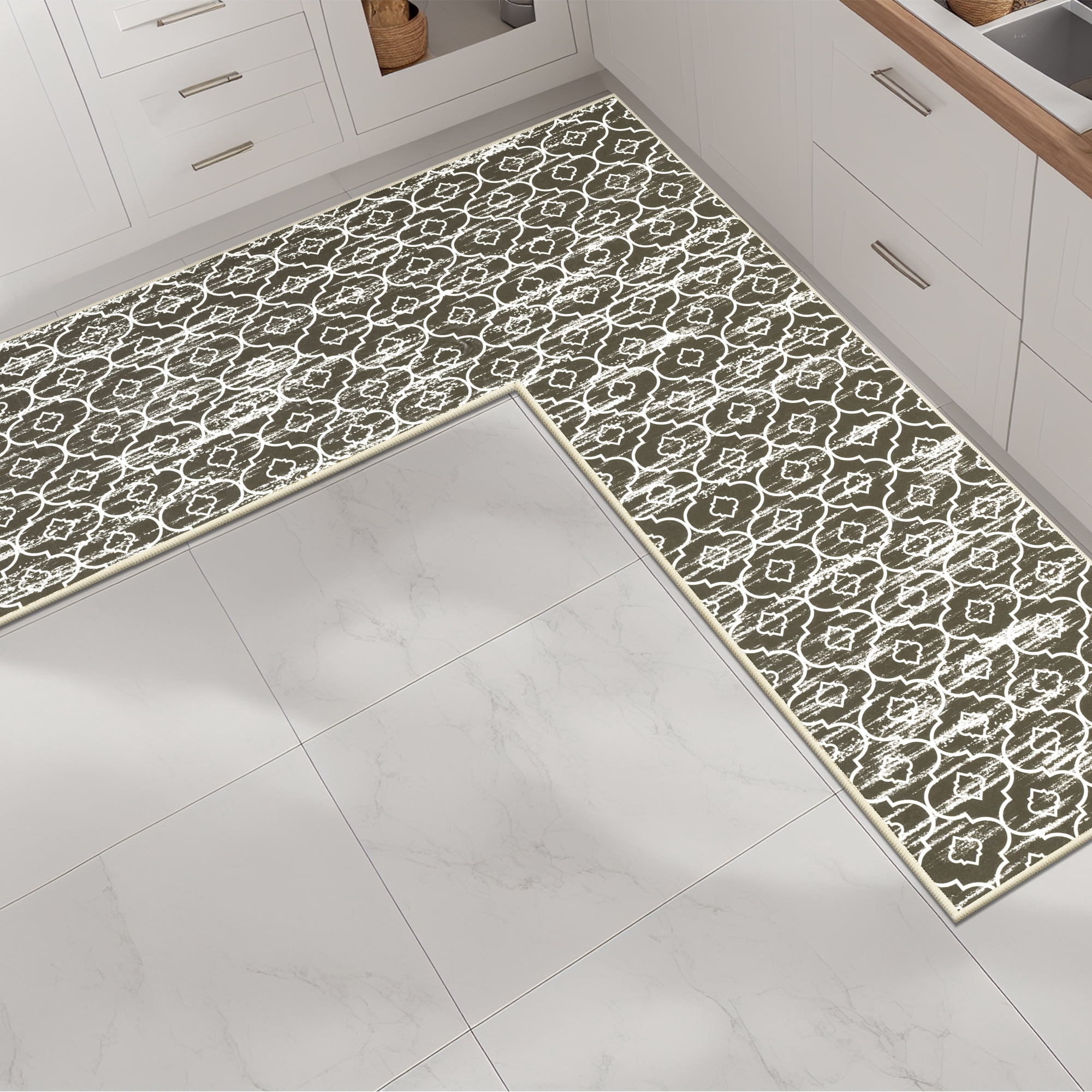 MeyJey Corner Kitchen Rug, 1 Piece Anti-Slip L Shape Kitchen Mat for Floor, Absorbent Runner in Front of Sink, Washable Floor Rugs for Home,Kitchen(Brown-L,24”x 71”x 71”)