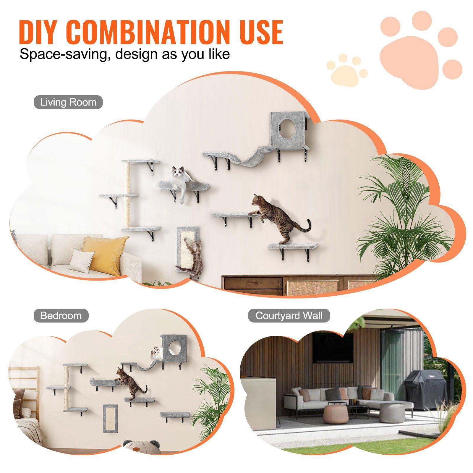 Wall Mounted Cat Shelves Set of 6 with Jumping Boards Hammock Sofa Cat Tree and Grip Supports 40 lbs for Sleeping Playing Climbing