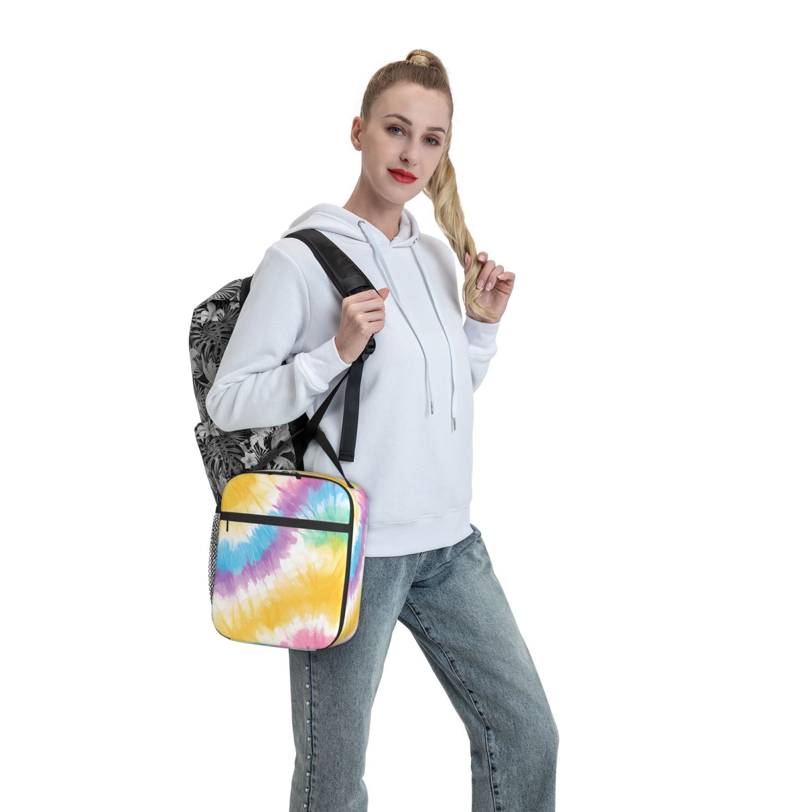 Lunch Bag For Women Men Insulated Portable Lunch Box Bento Box Office Picnic Travel Cooler Bag Yellow Tie-Dye Background Rainbow Colors_1