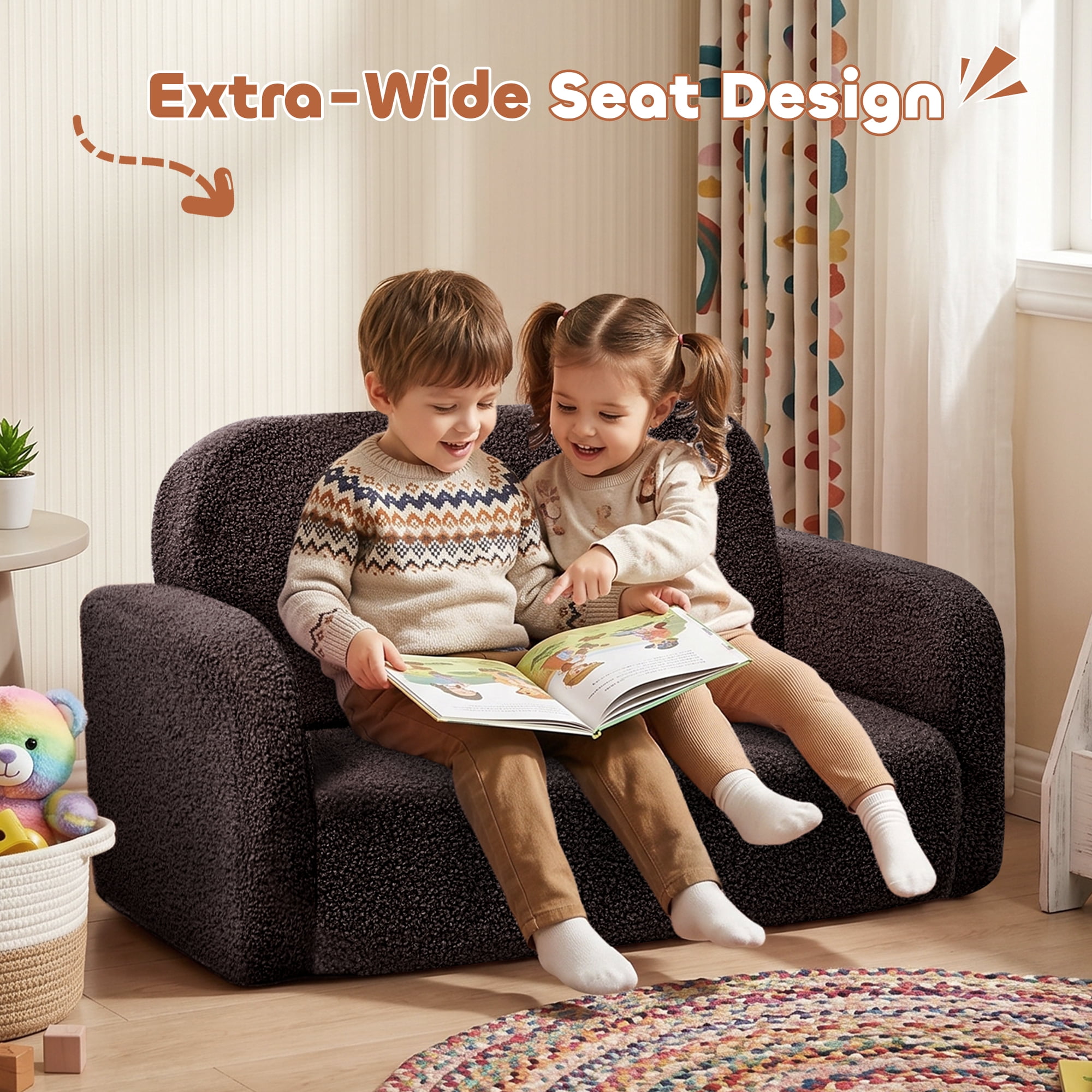 Babyeap Extra Wide Kids Chair,2-in-1 Convertible Toddler Chairs,Soft Comfy Kids Couch, Kids Sofa for Boys & Girls 3+,Brown