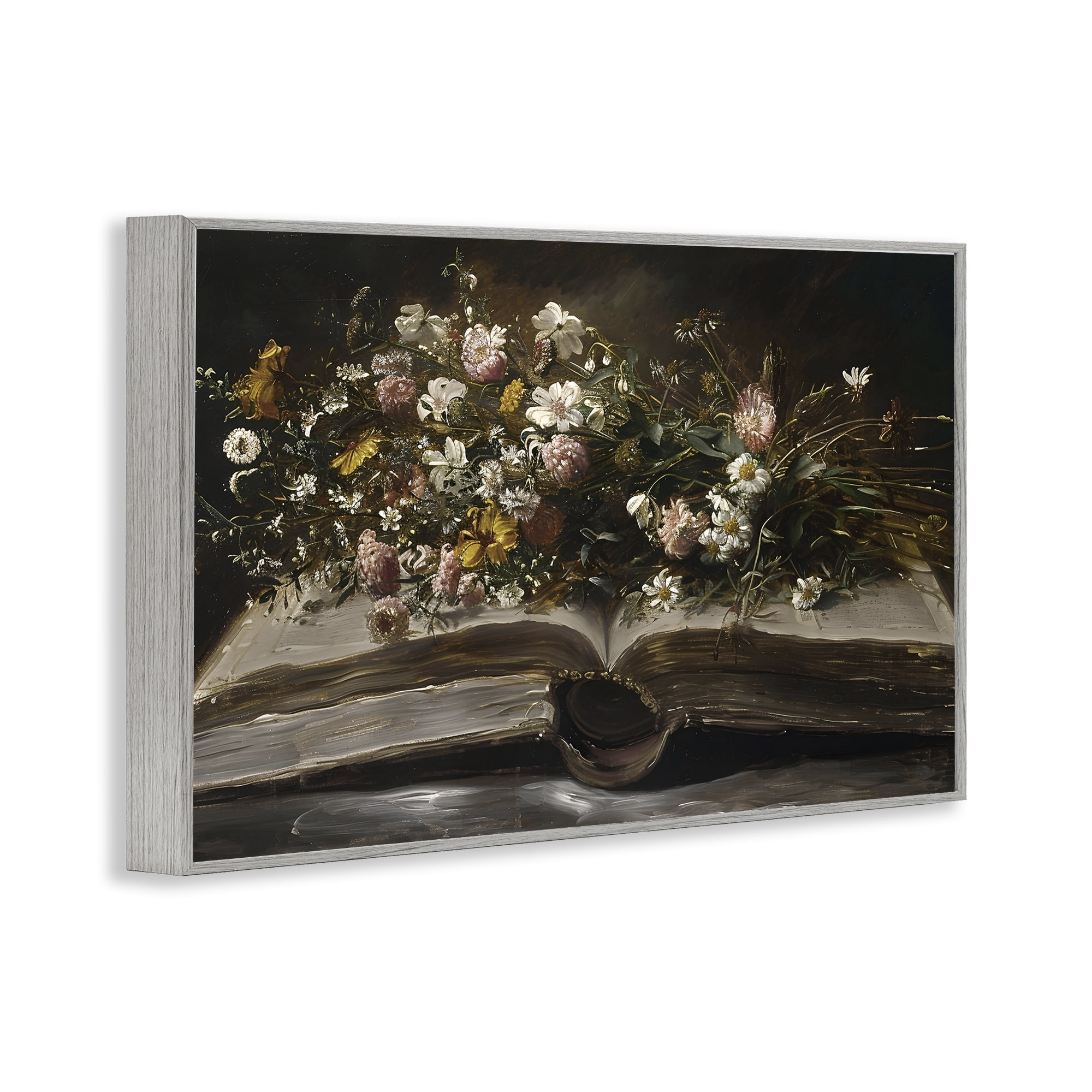 Stupell Industries Antique Floral Open Book Gray Framed Giclee Art, design by Jacky Ngan