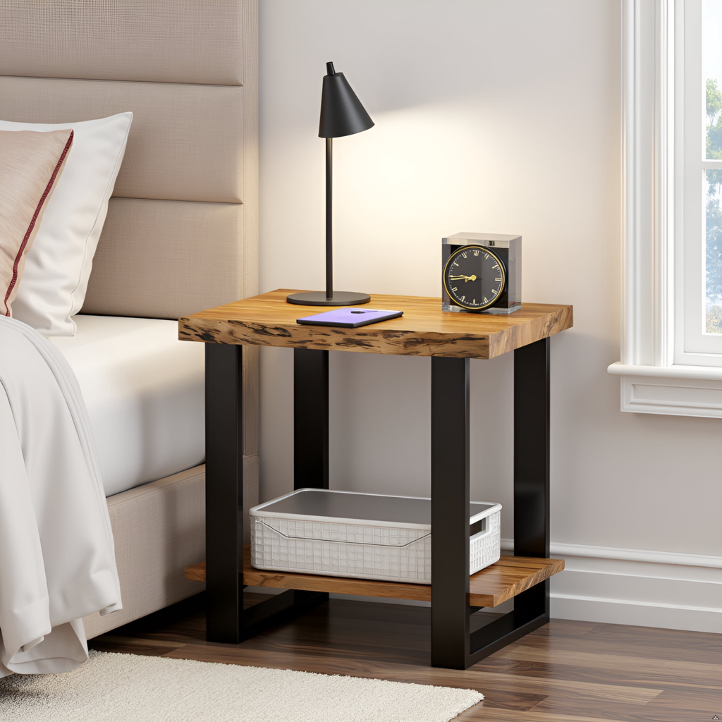 Alpine Natural Live Edge Acacia Wood End Table, Industrial Side Table with Storage Shelf, Modern Nightstand or Living Room Furniture