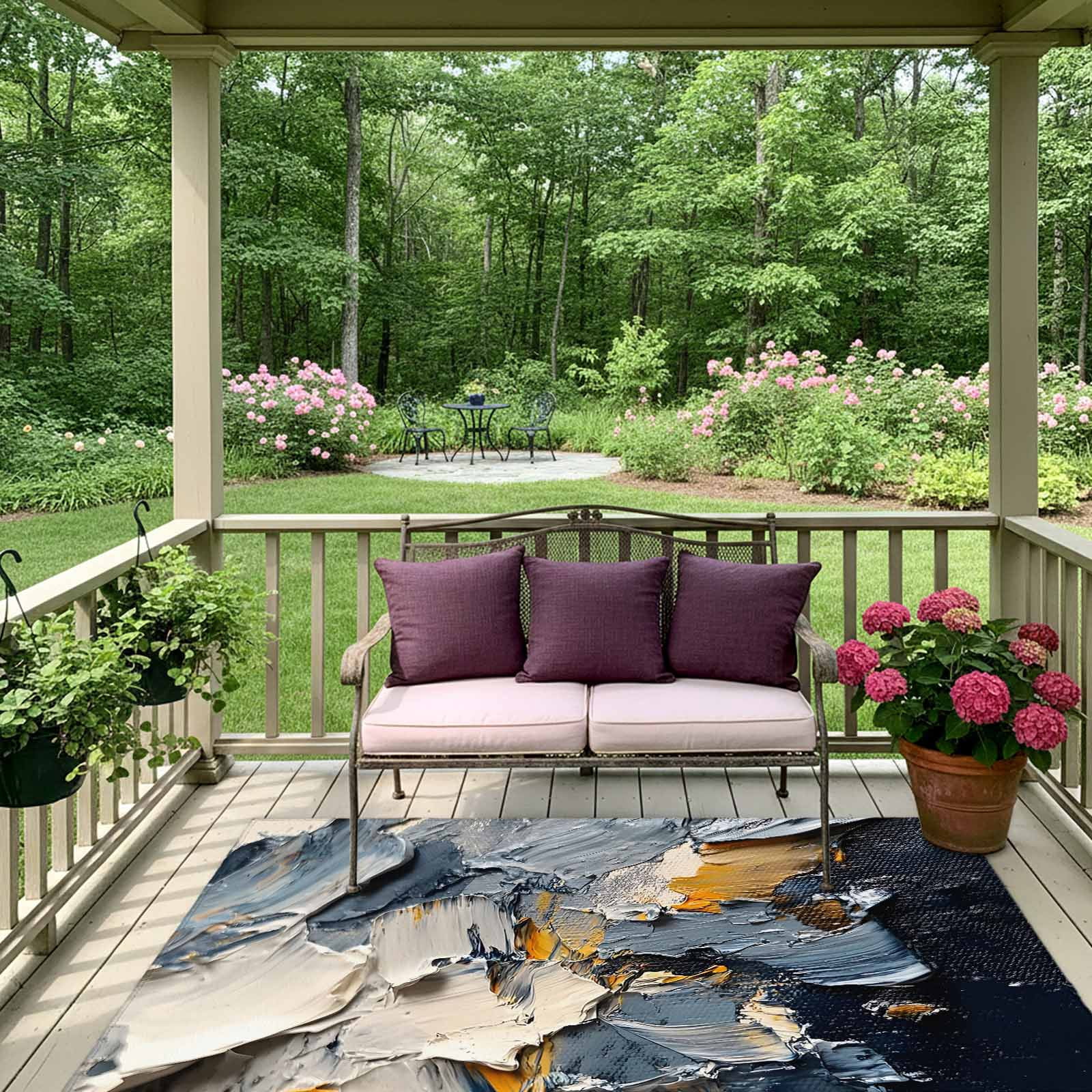 Abstract Ombre Outdoor Rug 4x6 Ft, Non Slip Washable Area Rug, Modern Farmhouse Chic Oil Painting Patio Rugs Carpet Runner, Large Floor Mat for Indoor/Outdoor Deck Porch Camping