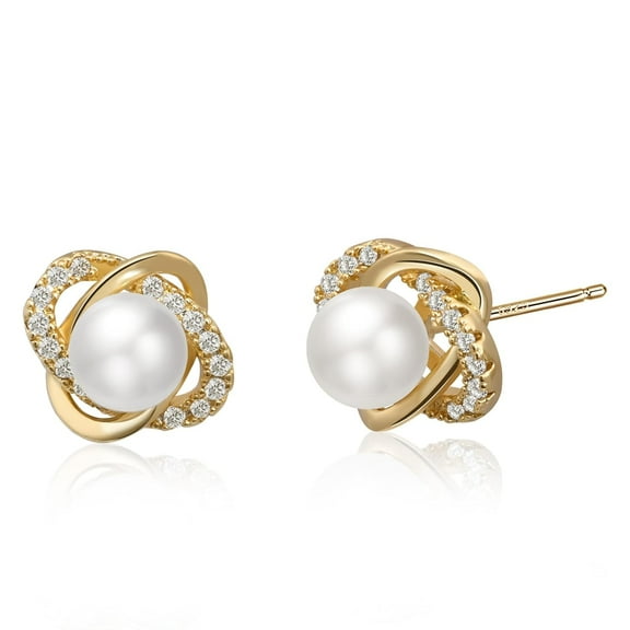 Pearl Stud Earrings, 14K Gold Plated, Four Leaf Clover Design with Cubic Zirconia