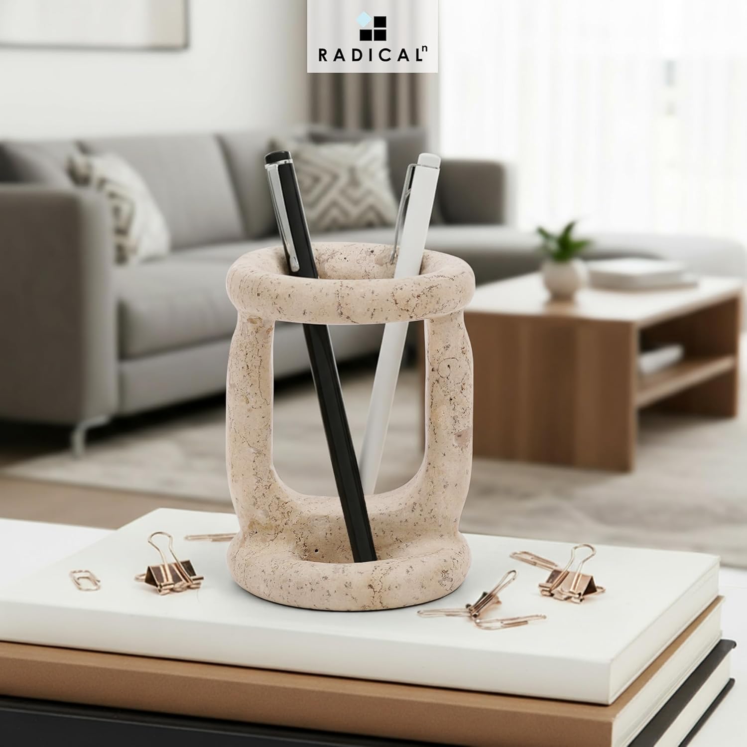 Radicaln Marble Stationary Holder 4 inches Travertine Handmade Maker Organizer For Office Supplies, Ideal Pencil Holders & Desk Organizer, Pen Holder For Desk