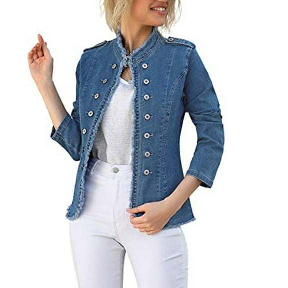 Fayshow0 Save Up under 50% Plus Size Womens Jean Jackets Lightweight Women Denim Jacket Long Sleeve Loose Tassels Denim Coat Outwear,Blue S
