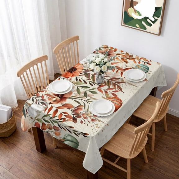 Orange Teal Fall Pumpkins Table Cloth Waterproof Tablecloths, Weeping Botanical Thanksgiving Tablecloth Dining Table Cover for Kitchen Party Tabletop Outdoor, Rectangle Tablecloth 60x102 Inch