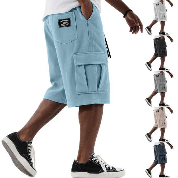 Dwellite Mens Cargo Shorts Casual Drawstring Elastic Waist Corduroy Summer Beach Shorts with Pockets Navy 5XL