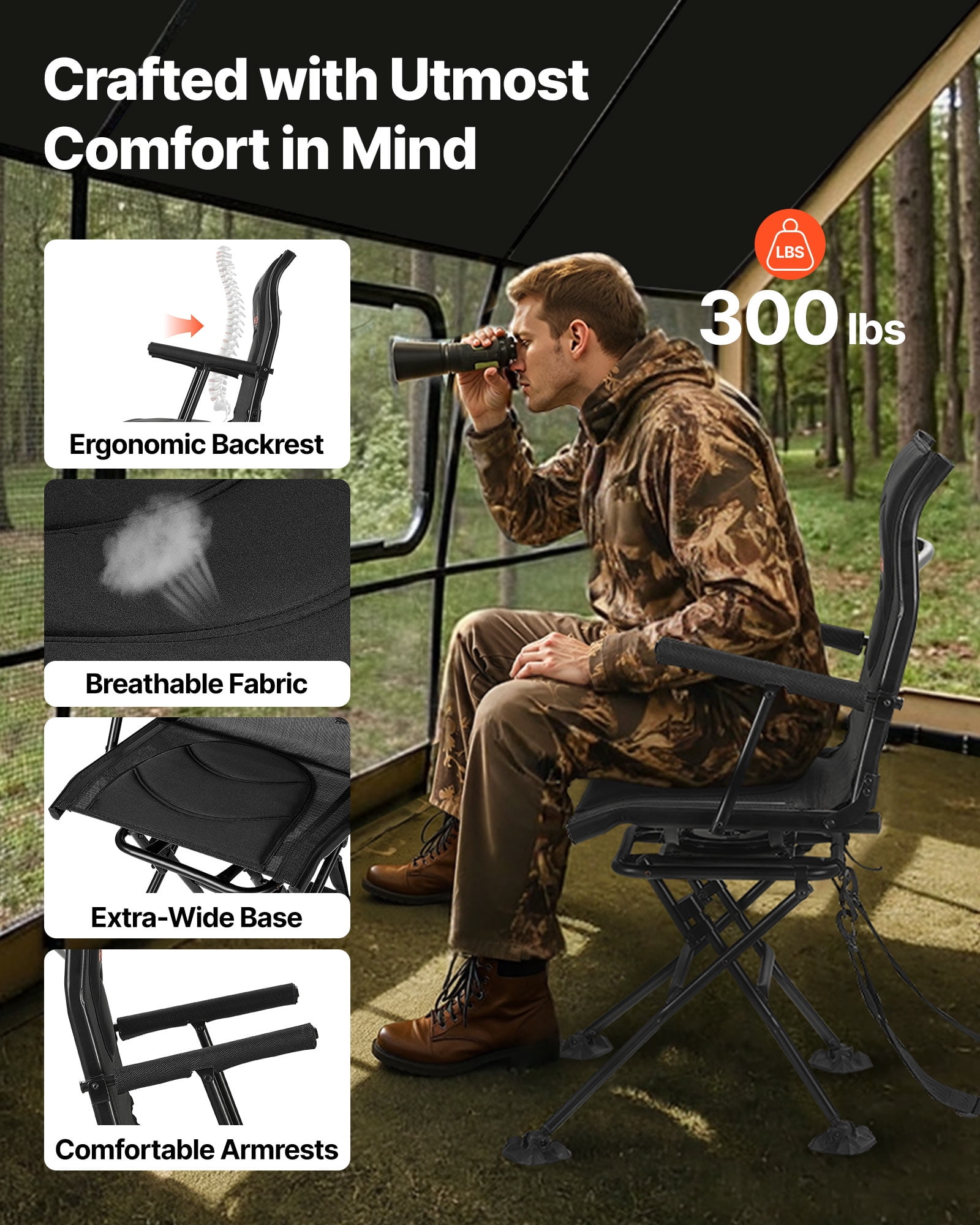 VEVOR Hunting Chair, 360° Silent Swivel, Foldable Portable Blind Chair, Heavy-Duty Steel Frame Ground Stool Seat, with Armrests, Adjustable Carry Strap, Anti-Sink Feet, 300 Lbs Capacity for Fishing