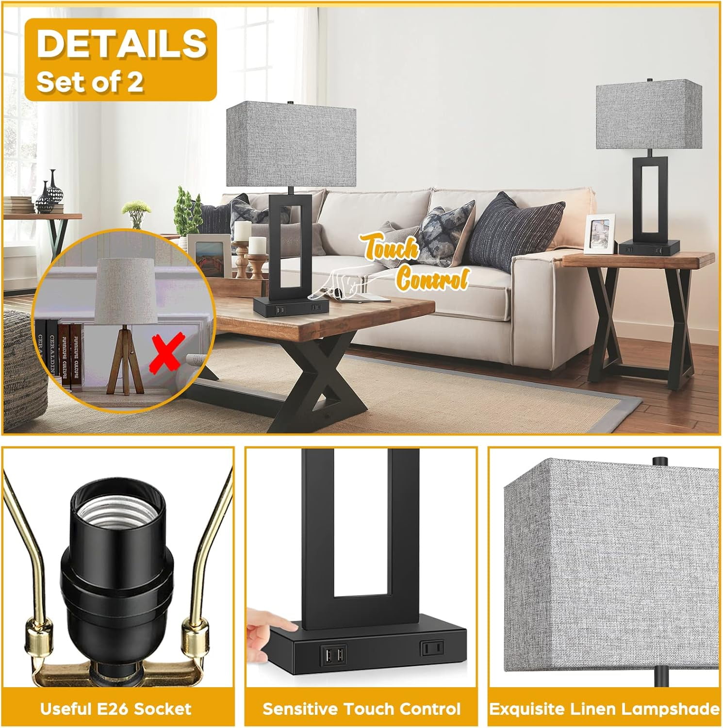 Nordic Hygge Set of 2 Touch Control Dimmable Table Lamp with 2 USB Ports, Grey Shade
