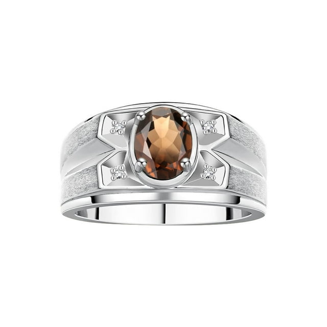 RYLOS Men's Rings Sterling Silver Rings Classic Designer Style 8X6MM Oval Gemstone & Diamond Ring Smoky Quartz June Birthstone Rings For Men, Size 11