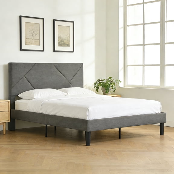 ASINMAK Queen Size Gray Upholstered Platform Bed Frame, Fabric Headboard, Wooden Slats, No Box Spring Needed