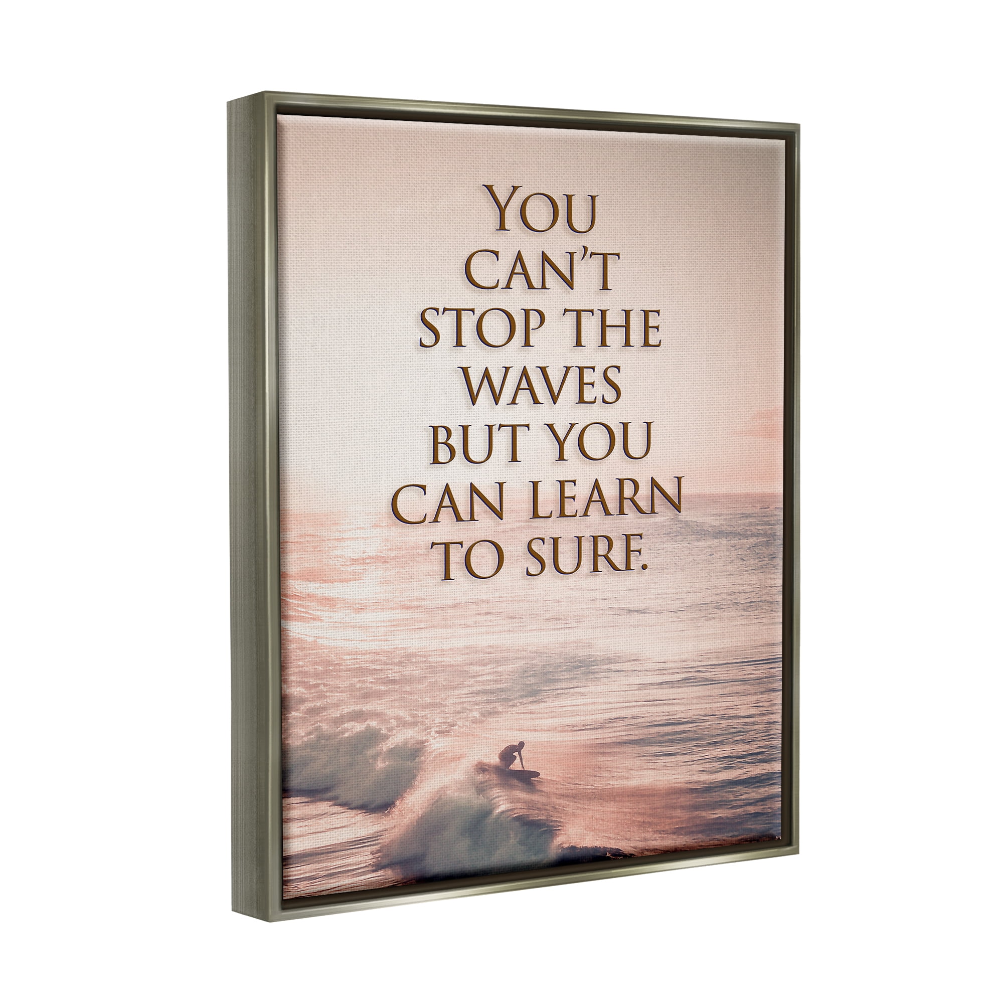 Stupell Industries Motivational Learn to Surf Landscape Painting Gray Floater Framed Canvas Art Print Wall Art, 25 x 31