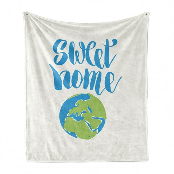 Saying Soft Flannel Fleece Throw Blanket, Home Cartoon Design Typography Planet Earth Universal Illustration, Cozy Plush for Indoor and Outdoor Use, 50" x 70", White Sky Blue and Green, by Ambesonne