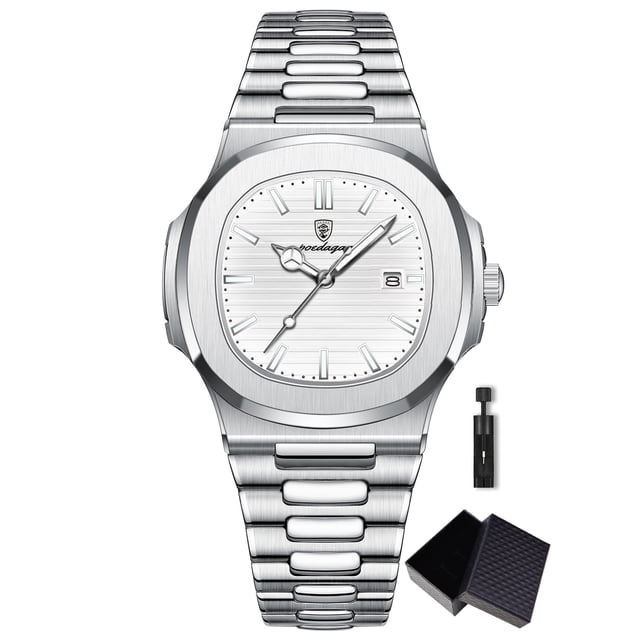 POEDAGAR Montres-Bracelets d'Affaires Étanches Lumineuses Date Acier Inoxydable Quartz Carré Montre Homme