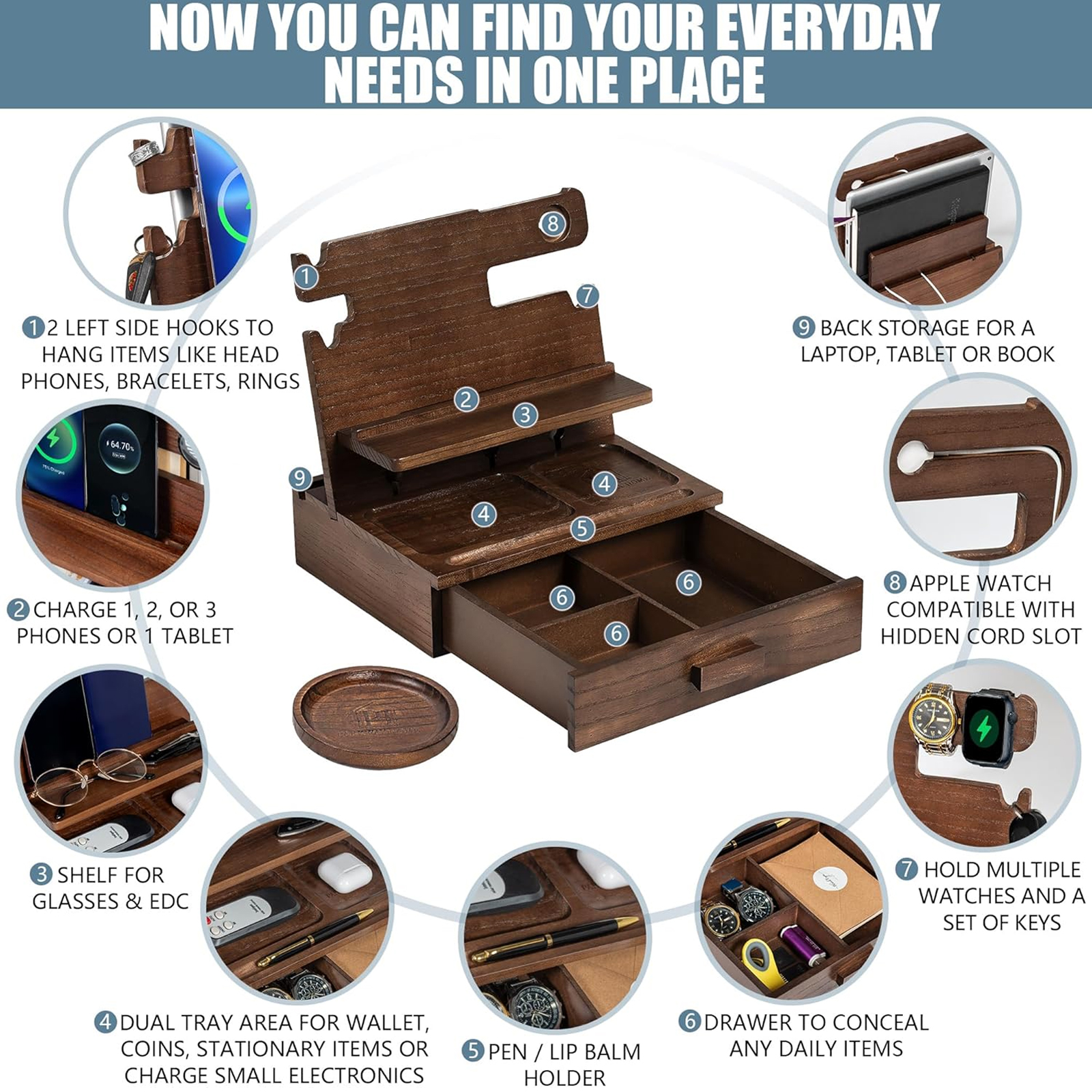 Petyoung Wood Phone Docking Station for up to 3 Phones - Nightstand Organizer with Drawer, Coaster, Compatible with Tablets, Glasses, Watches & EDC