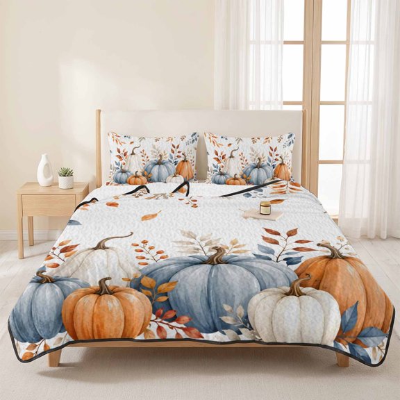3 Pieces Queen Quilt Set,Thanksgiving Pumpkin Autumn Leaves Orange Soft Bedding Sets with 1 Quilt & 2 Pillow Shams,Fallen Leaves Summer Bedspread Lightweight Coverlet Comforter for All Season