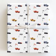 Colorful Race Cars and Checkered Racing Flags Gift Wrapping Paper