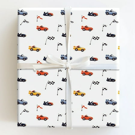Colorful Race Cars and Checkered Racing Flags Gift Wrapping Paper
