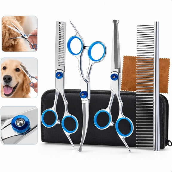 6 Pcs Pet Grooming Scissors Set Stainless Steel Round Tip Shears with Comb and Case for Dogs Cats Blue