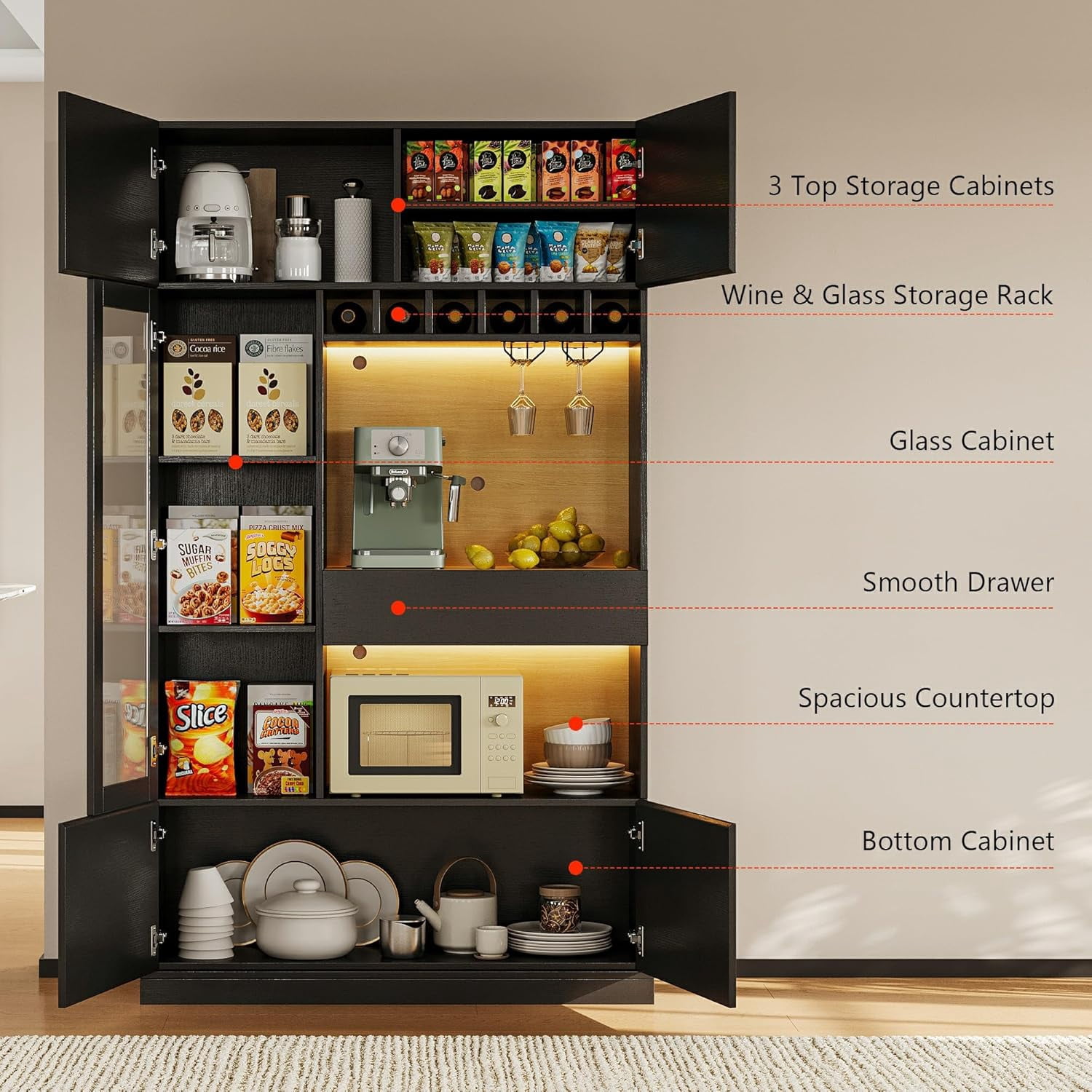 iPormis 69" Tall Kitchen Pantry Storage Cabinet with LED Light & Outlet, Kitchen Hutch with Microwave Stand & Wine Rack & Glass Door & Adjustable Shelf, Coffee Bar Hutch with Countertop, Black