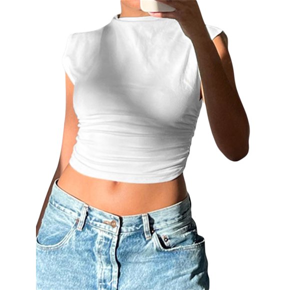 FOCUSNORM Débardeurs d'Été Ajustés pour Femmes Blancs Sans Manches à Col Rond Moulants Froncés Courts