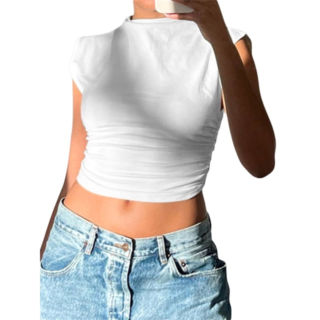 FOCUSNORM Women's Summer Slim Tank Tops White Sleeveless Round Neck Skinny Ruched Crop Tops