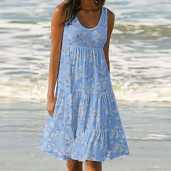 Lovskoo Women Summer Dresses Sun Dresses resort Holiday Casual Printing Sleeveless Party Beach Loose Dress Light Blue