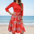 thumbnail image 2 of WTOBBY Women's Stylish Floral Print Waistband Round Neck 3/4 Sleeve Dress, Flowy Midi Sundress with Casual Elegance for Summer,Vermilion M, 2 of 5