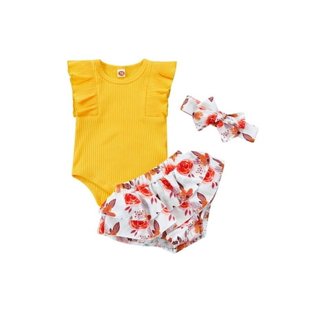 

Arvbitana 0-18 Months Infant Baby Girls 3Pcs Outfits Plain Fly Sleeve Ribbed Romper Floral Ruffle Skirt Shorts Headband