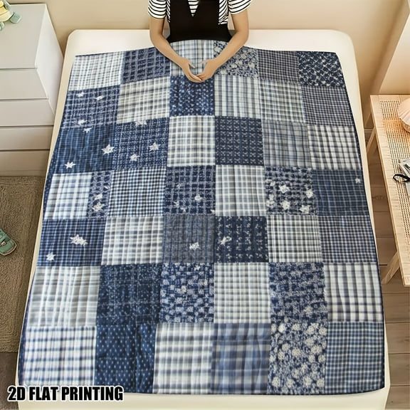 1pc Soft Blue & White Checkered Stars and Stripes Flannel Throw Blanket - All-Season Cozy Navy Blue, Light Blue & Beige Bedspread for Bedroom, Sofa, Car - Contemporary Patchwork Design, Durable Easy-