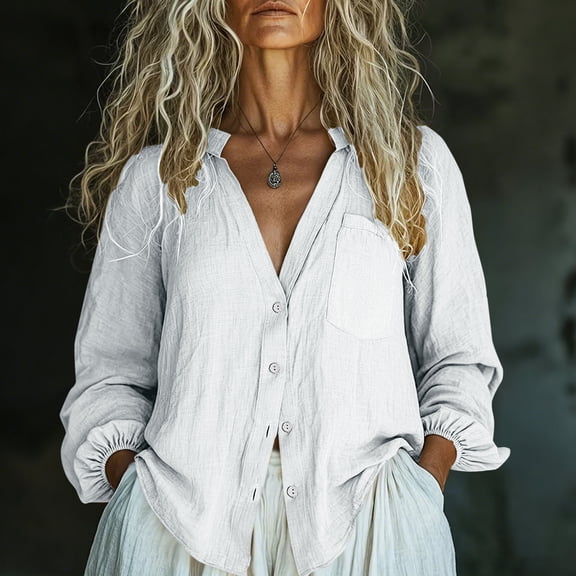 Women Linen Collared Button Down Shirt with Pocket and Elastic Cuffs White M
