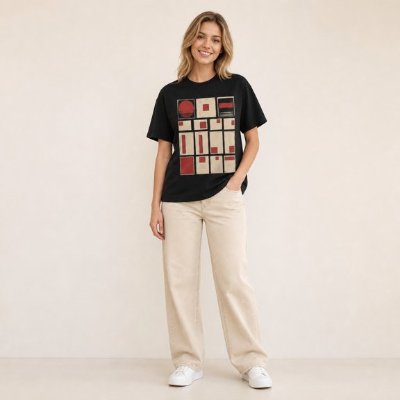 Women's Geometric Abstract Graphic T-Shirt, Black Short Sleeve Crewneck Tee for Casual Summer Wear