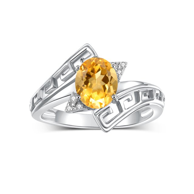 RYLOS Rings for Women 14K White Gold Greek Key Designer Ring 9X7MM Gemstone & Diamond Ring November Citrine Jewelry Size 5