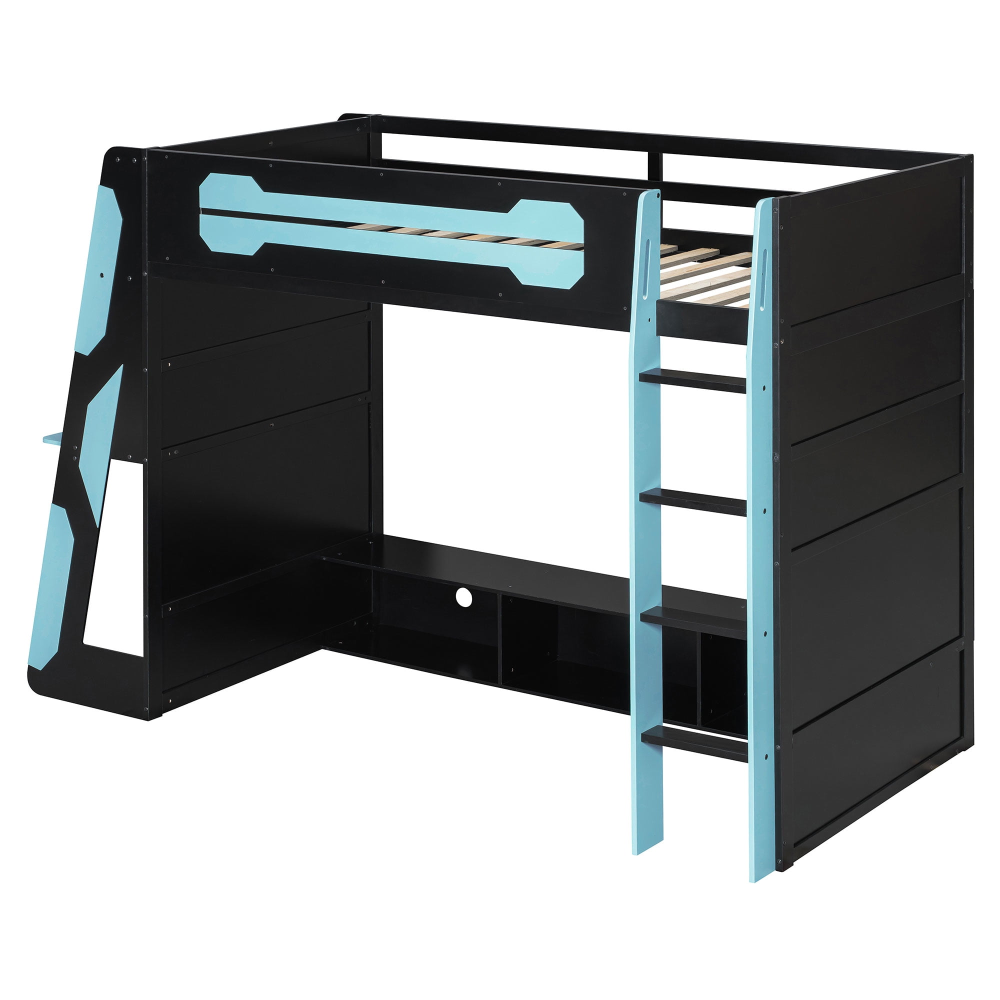 Mintazer Twin Size Gaming Loft Bed with Desk, LED Light & Charging Station, Kids Platform Bed Frame with Storage Shelves for Teens, Black & Blue